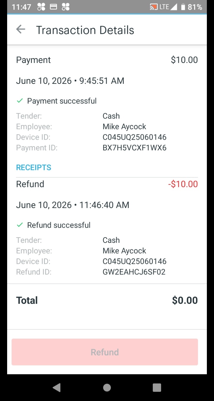 Refund confirmation screen showing the refund was successfully processed.